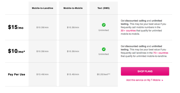 rates to call a satellite phone with T-Mobile